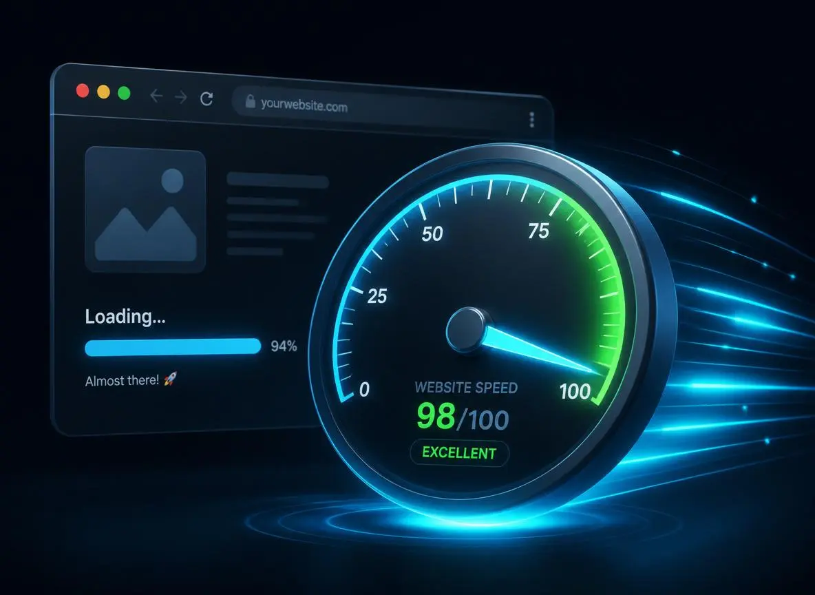 Website speed optimization dashboard showing a performance gauge and improved page load score